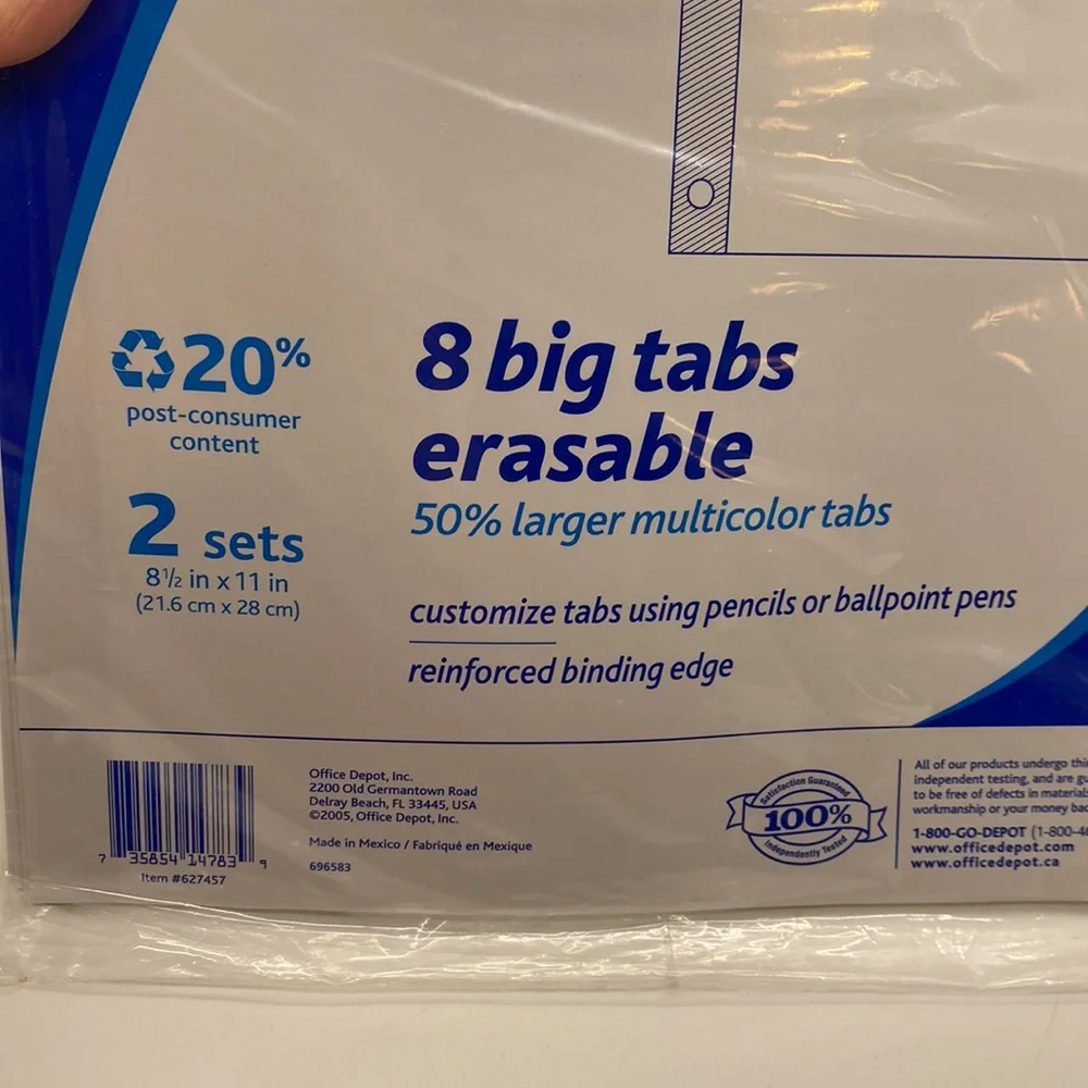 NWT Office Depot 8 Big Erasable Tabs Two Sets (16 total) multicolor.Customizable